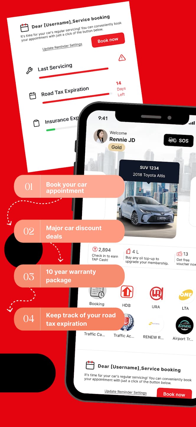 The NEO ENERGY app — booking, discounts, warranty tracking, and road tax reminders
