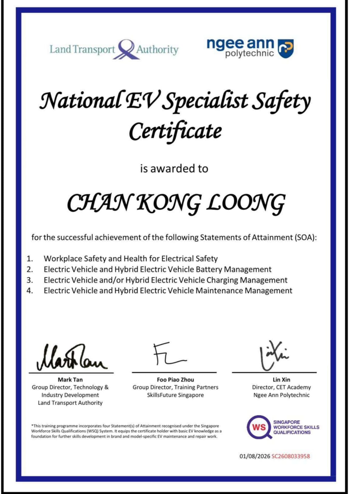 Certificate — Chan Kong Loong, Ngee Ann Polytechnic