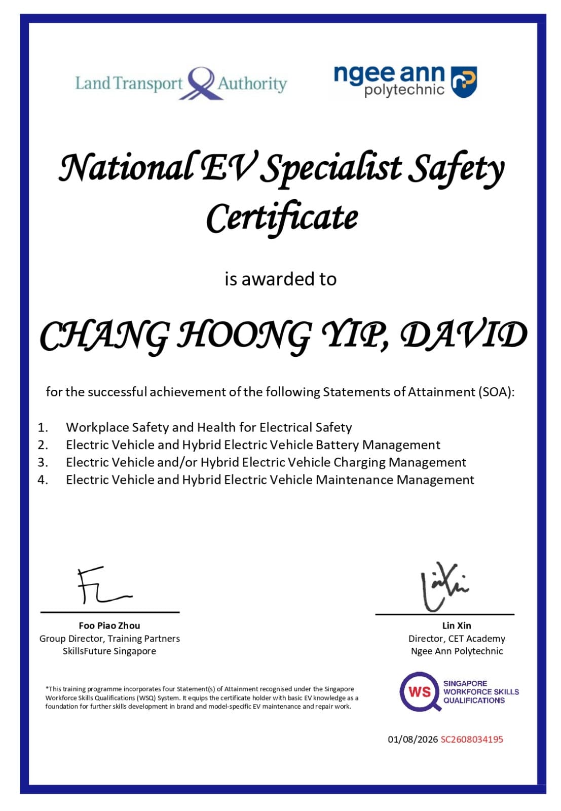 Certificate — David Chang, Ngee Ann Polytechnic