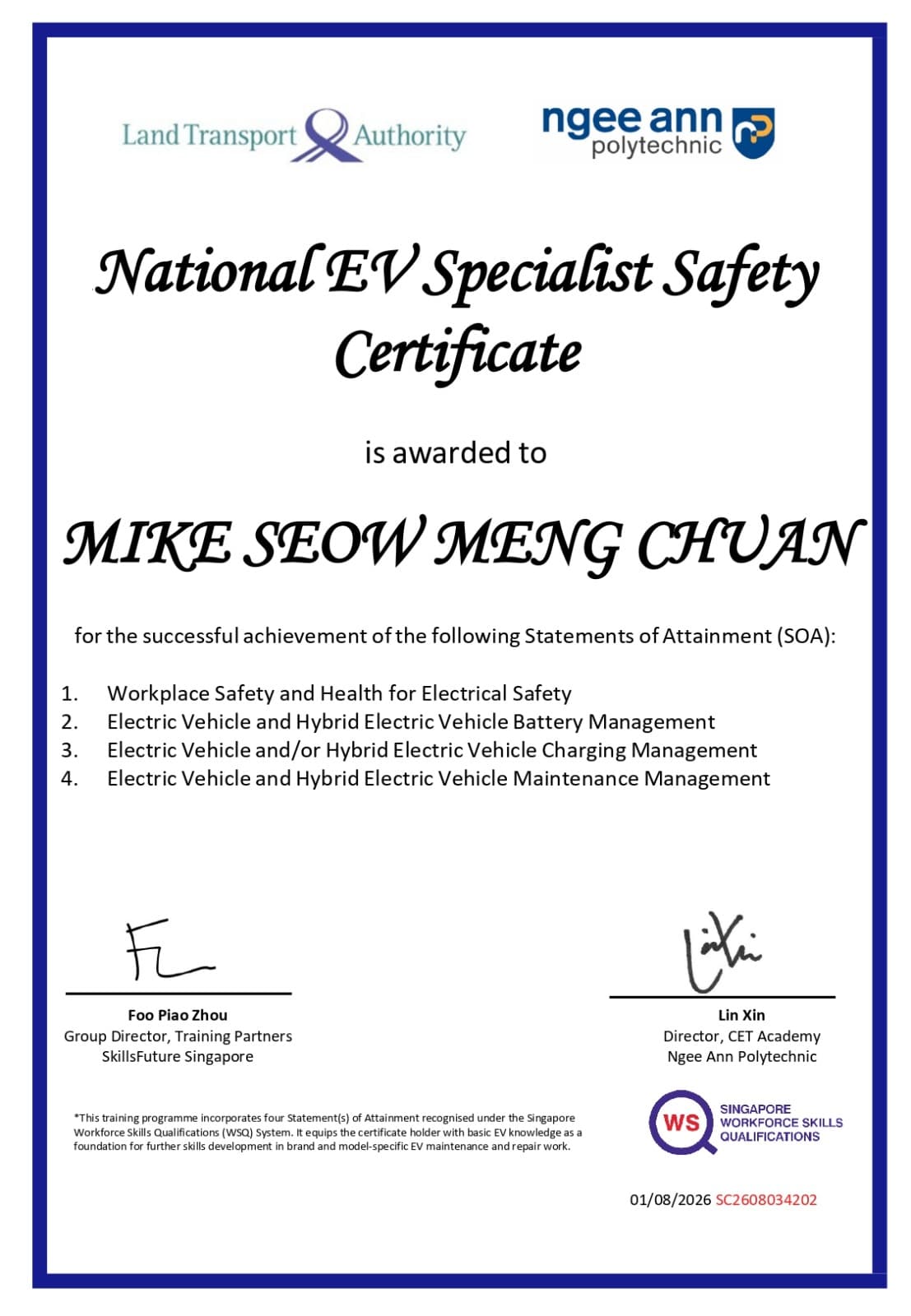 Certificate — Mike Seow, Ngee Ann Polytechnic