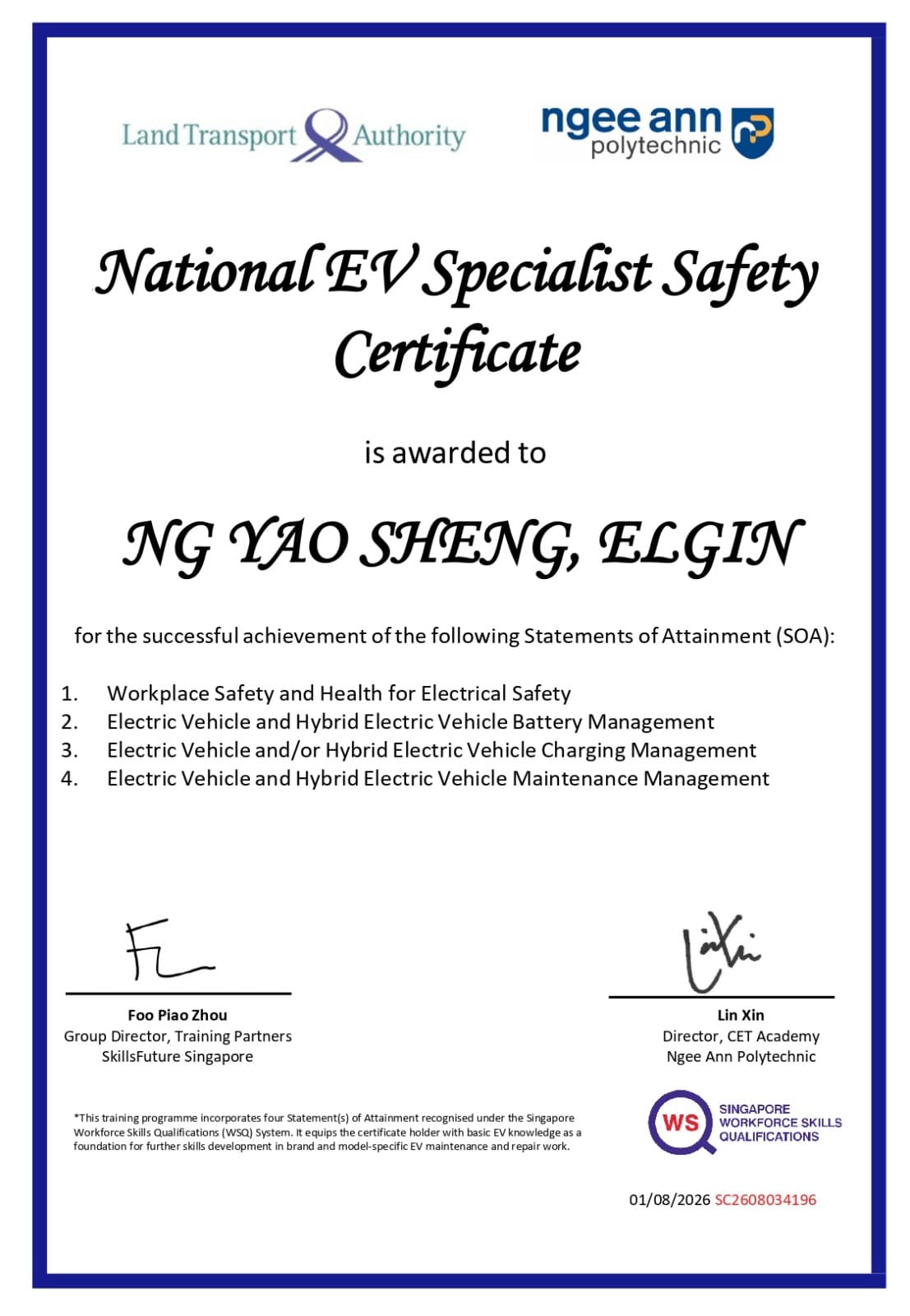 Certificate — Ng Yao Sheng, Ngee Ann Polytechnic