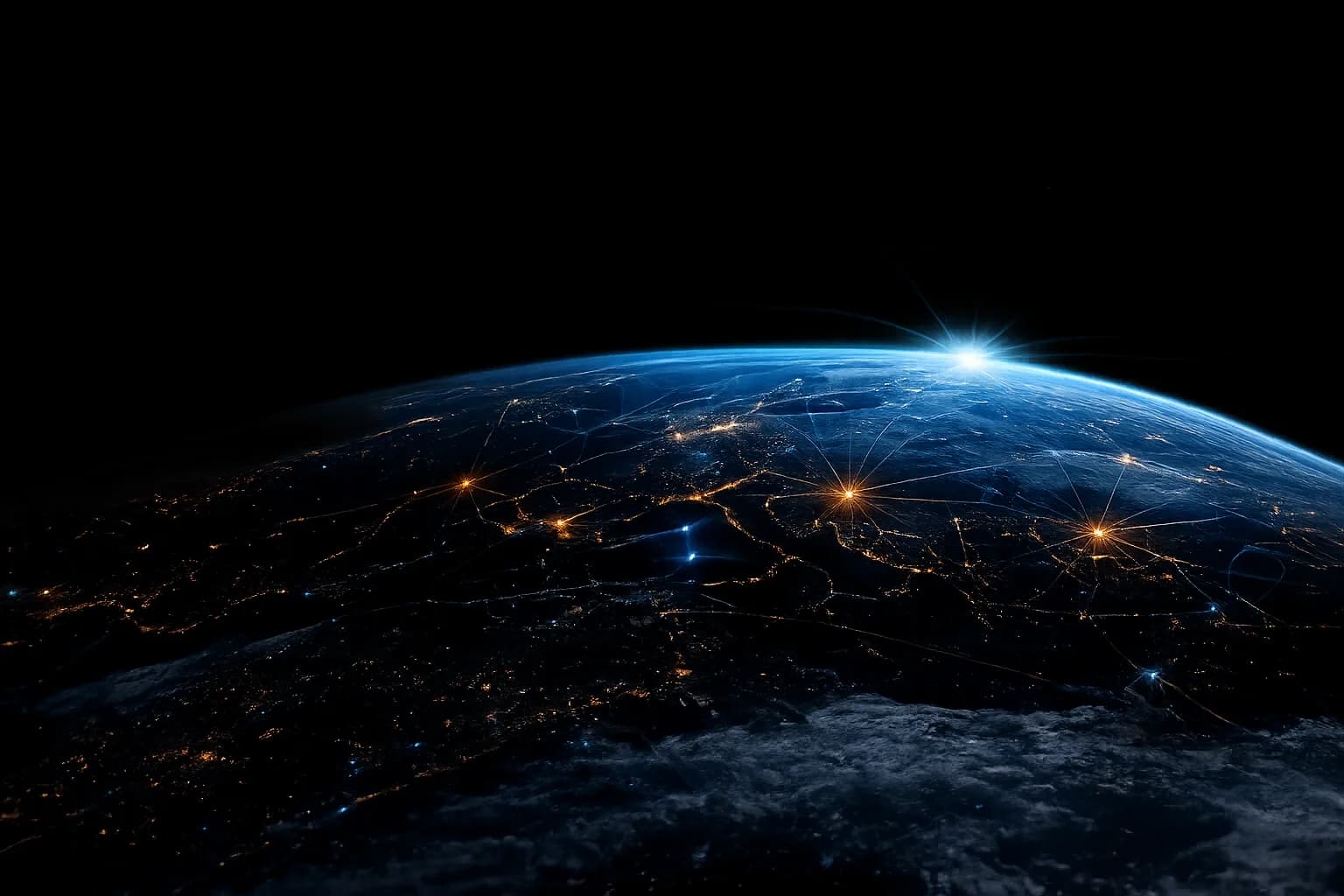 Earth at night from orbit, illuminated by connected global city lights