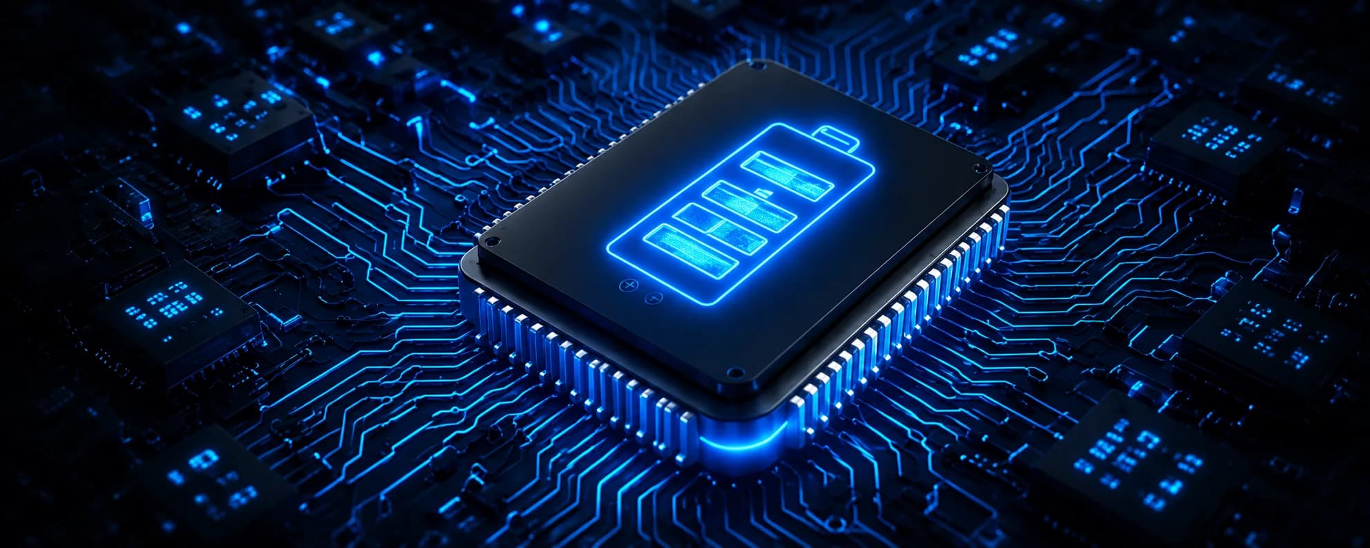 A battery management chip glowing blue on a circuit board