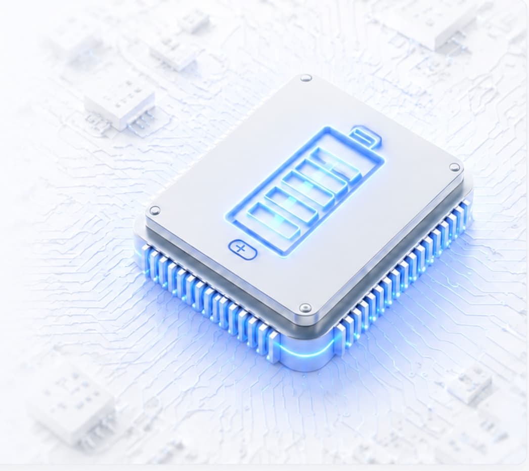 A battery management chip glowing blue on a circuit board